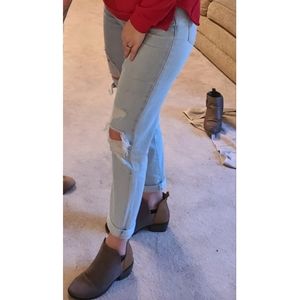 Straight leg distressed jeans, light wash